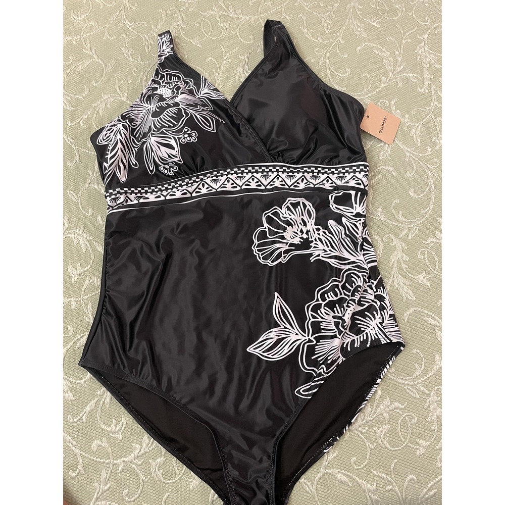 Bloomchic Swimsuit Womens 18-20 Black Floral One Piece Adjustable Strap Plus